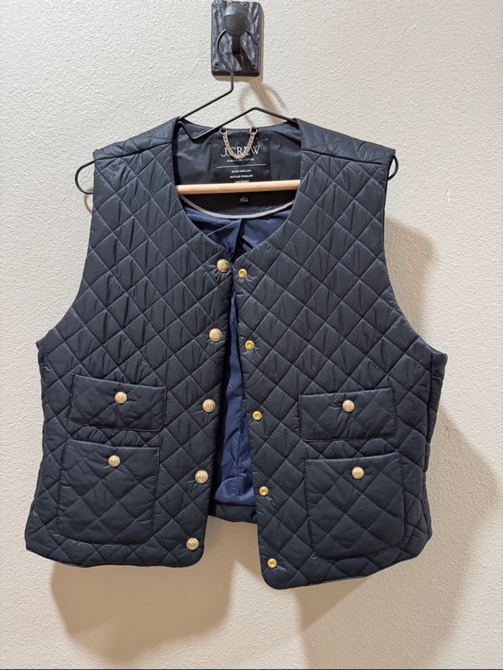 J. Crew Quilted Black Vest with Gold Buttons and Navy lining NWOT - L